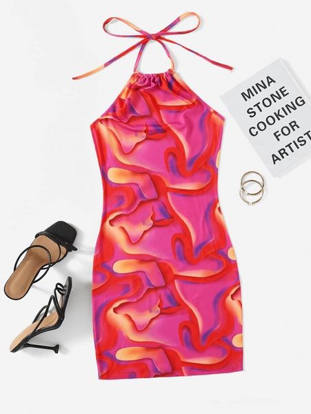 

splash print tie back bodycon dress g822#, Black;gray