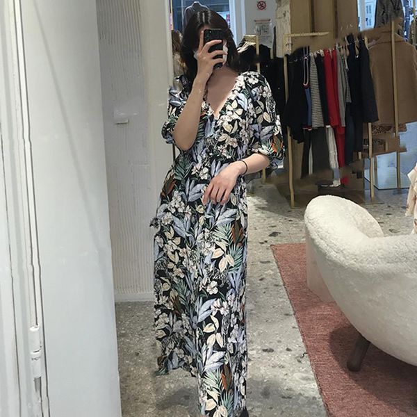 

spring and summer french style printed bubble sleeve v-neck simple temperament women's dress casual dresses, Black;gray