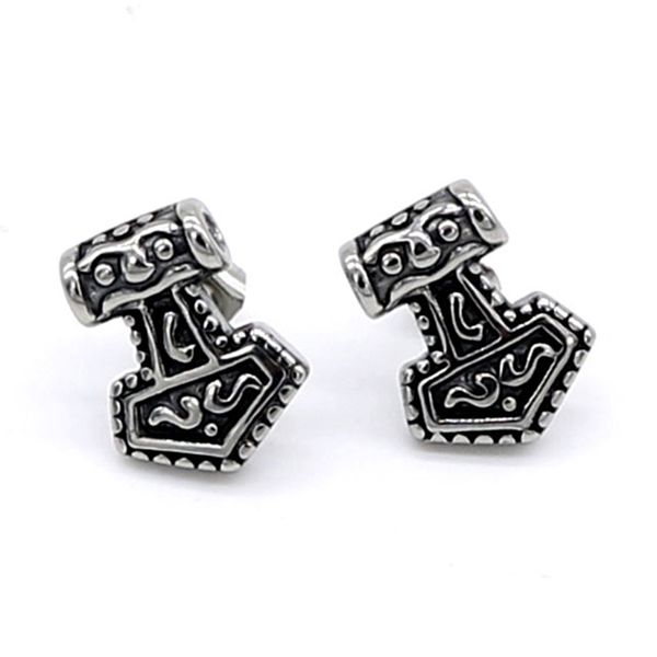 

mens stainless steel stud earrings vintage mighty hammer mjolnir viking biker punk, Golden;silver