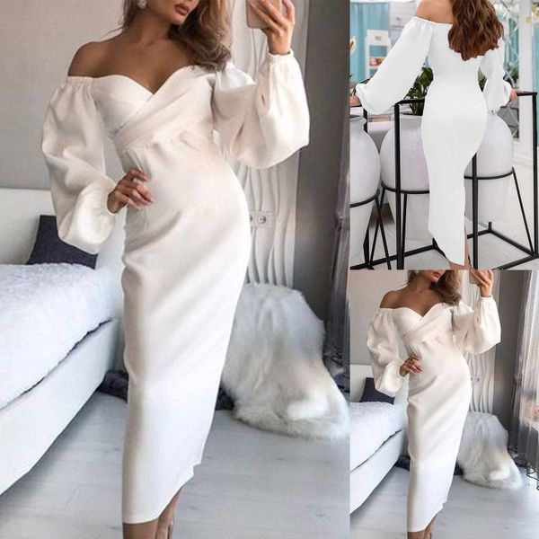 

casual dresses women dress formal white slim party off shoulder long sleeve solid color elegant 2021, Black;gray