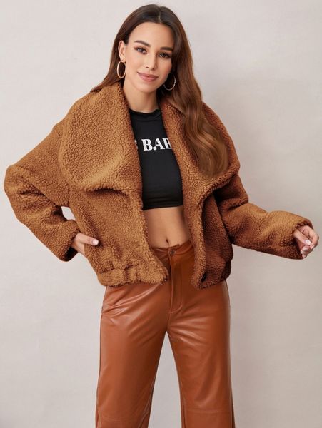 

waterfall collar drop shoulder teddy jacket 613q#, Black;brown