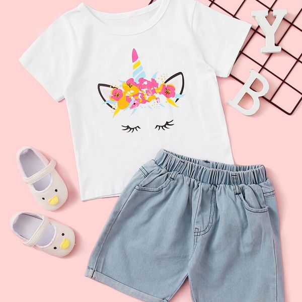 Sommer Mädchen Kleidung Set Cartoon Kurzarm Gedruckt T-shirt + Denim Shorts 2 Stück Kinder Casual 210515