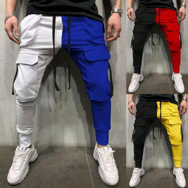 

men's pants men casual sports color matching lace-up pockets trousers hip hop leggings gym workout jogging, Black