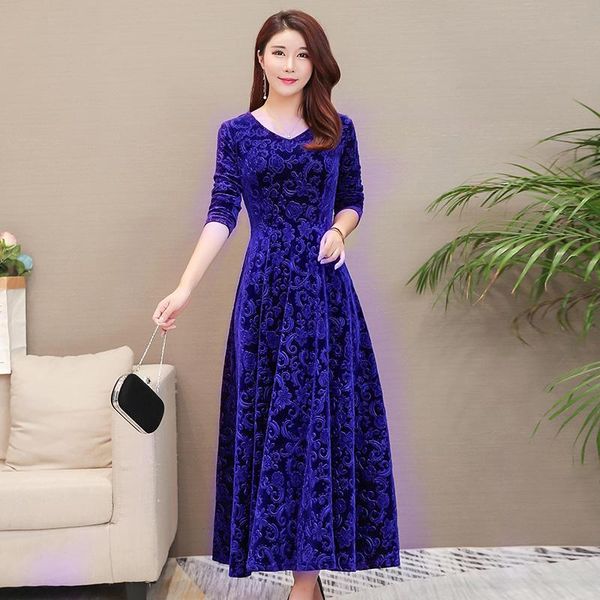 

autumn winter dress women elegant v-neck gold velvet long sleeve plus size maxi party robe femme c5112 casual dresses, Black;gray