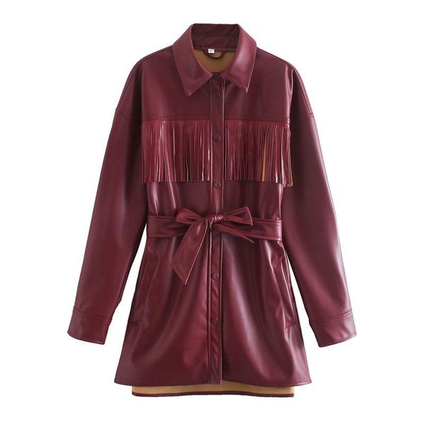 

women red faux leather jacket coat with slash tassels ladies long sleeve loose female outerwear chic women's jackets, Black;brown
