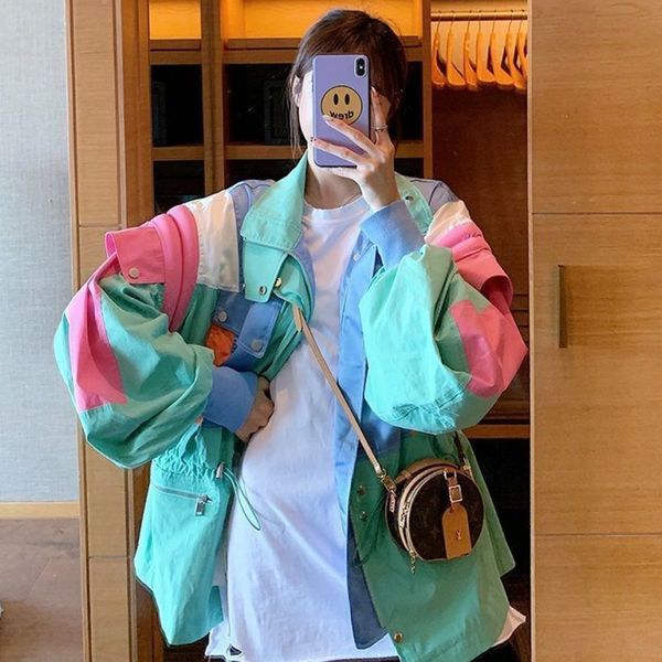 

[ewq] the long-sleeved stitching design ladies bomber jacket spring autumn new outerwear safari style sky blue overcoat 16w 210423, Black;brown