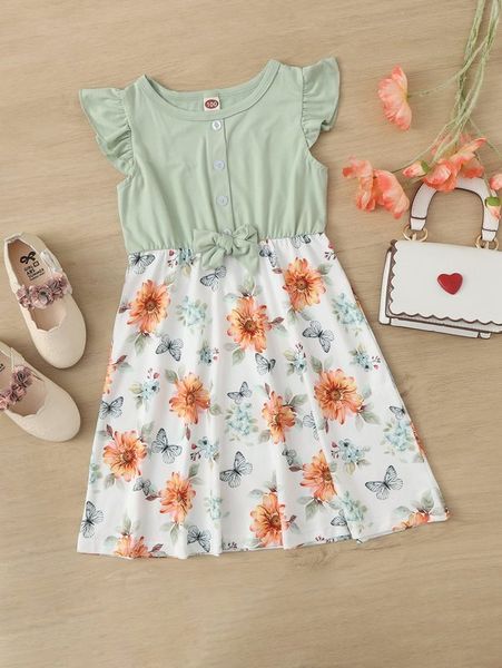 

toddler girls 1pc floral print ruffle trim bow front dress she, Red;yellow