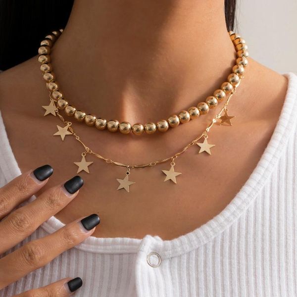 

chokers hip hop 2pcs layered necklace set for women ccb plastic ball beads choker boho star chain gothic jewelry 2021 jewellry, Golden;silver