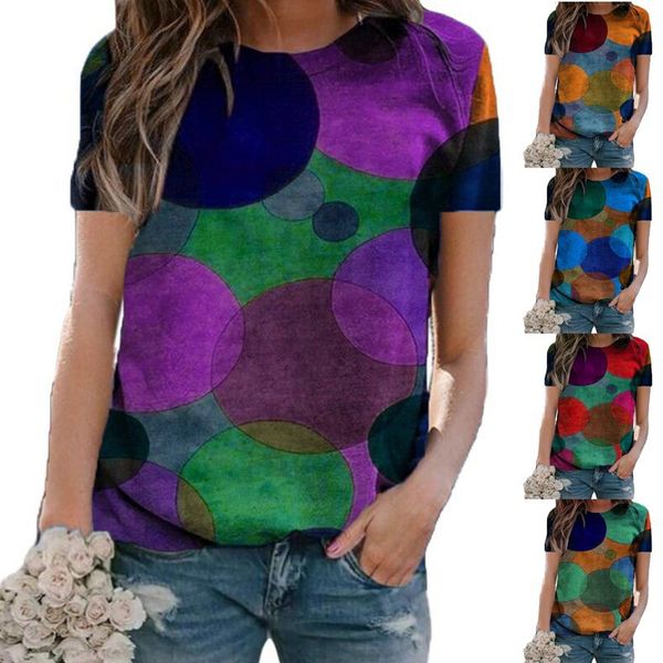

2021 summer loose polka dot print pullover round neck short sleeve blouse, White