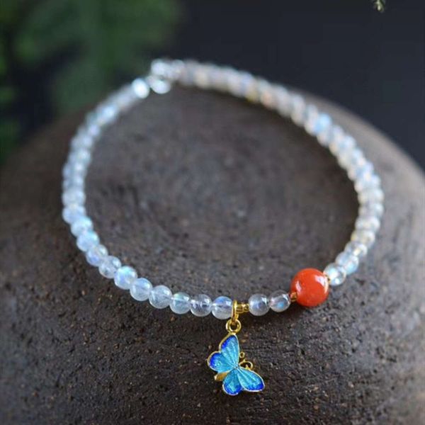 

factory elongated stone moonlight anklet with natural south red agate blue butterfly, Red;blue