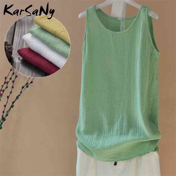 

karsany cotton linen tank for women summer sleeveless ladies white retro loose 210705