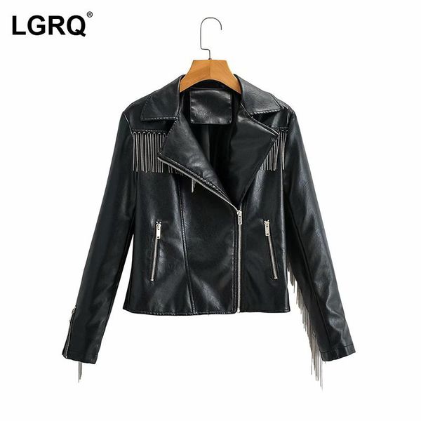 

women's leather & faux [lgqr] western tassel style pu leatherl jacket lapel long sleeve zipper coat fashion tide spring autumn 2021 19d, Black