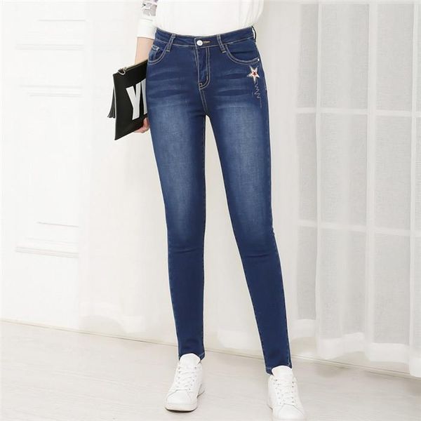 

spring large big size high waist embroidery jeans female stretch slim long women's, Blue
