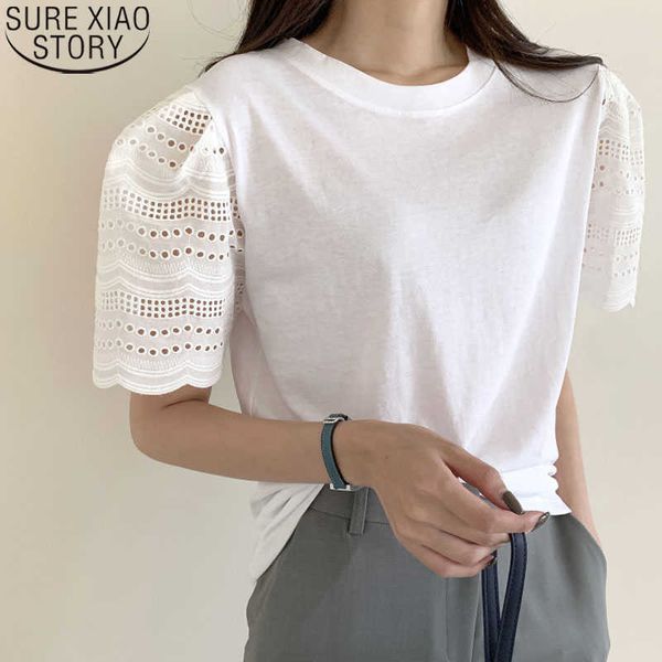 

summer loose short-sleeved t-shirt plus size loose shirts for women korean o-neck lace stitched fashion clothing 14161 210527, White
