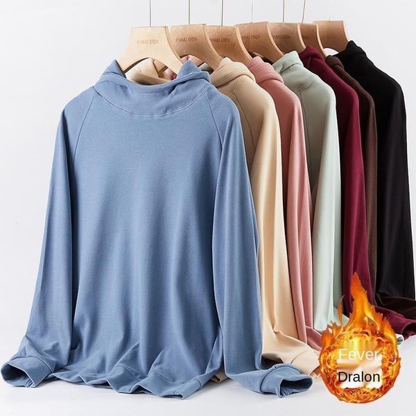 

women's t-shirt fleece hooded women plus velvet round neck 2021 winter thermal underwear bottoming shirt, White