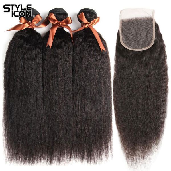 

human hair bulks styleicon 3 bundles kinky straight with closure 100% peruvian weave lace non-remy weaving, Black