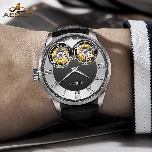 

wristwatches aesop brand men's watch 100% real double tourbillon movement mechanical watches luxury sapphire waterproof clock, Slivery;brown