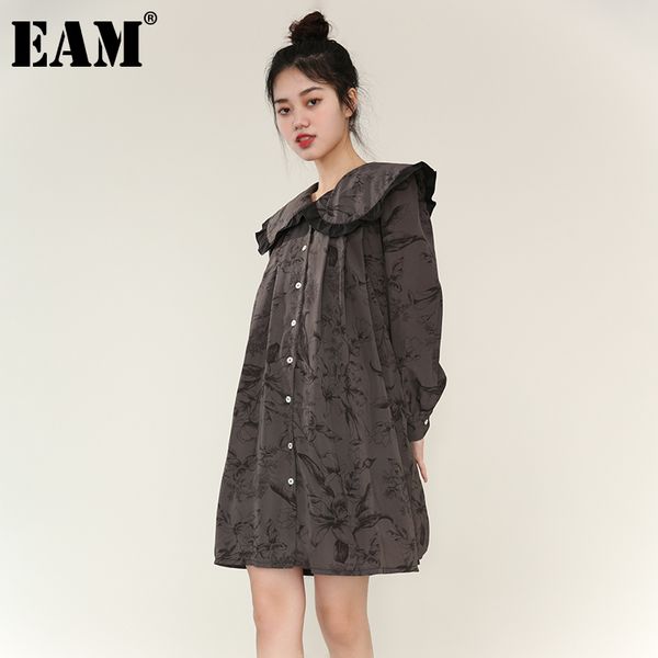 

[eam] women gray pattern printed ruffles dress peter pan collar long sleeve loose fit fashion spring autumn 1dd485002 21512, Black;gray