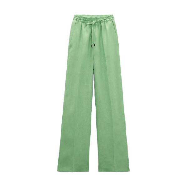 

women's pants & capris za women 2021 chic fashion side pockets straight vintage high elastic waist drawstring female trousers mujer, Black;white
