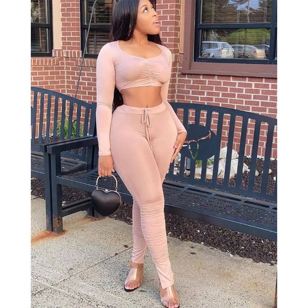 

women's two piece pants autumn solid pleated two-piece sets for women outfits long sleeve skinny pant loungewear suit sports female clo, White