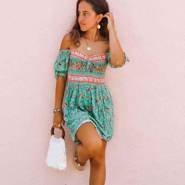 

jastie floral print playdress women off-the-shoulder shirred bodice short sleeves mini dresses boho beach dress female vestidos 210419, White