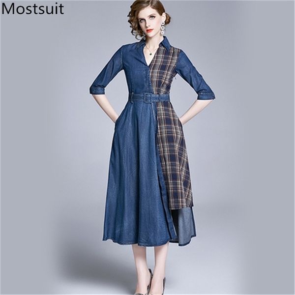 Azul xadrez Spliced ​​Denim Long Maxi Dress Mulheres Meia Manga V-Pescoço Belted Moda Vintage elegante Vestidos Vestidos 210513