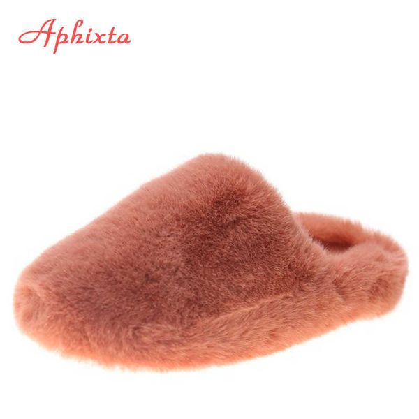 

aphixta new home winter warm hairy shoes women flat heel mules fashion furry slides round toe indoor fur slippers big size 41 42 h0827, Black