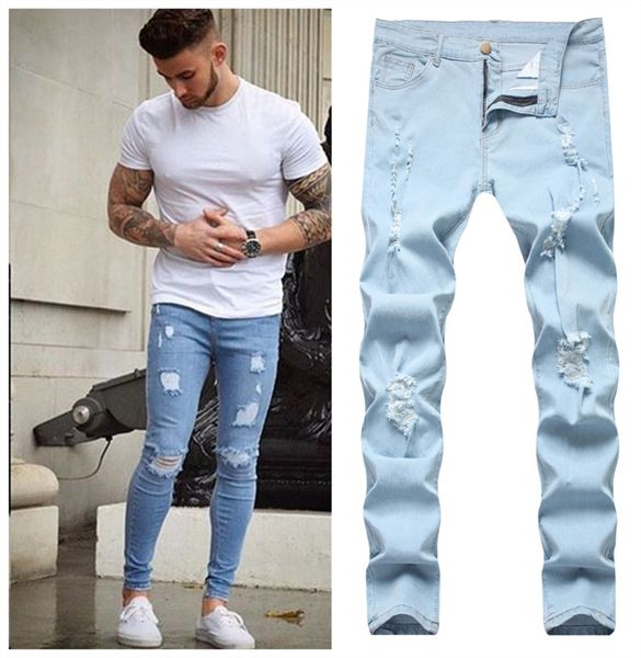 

men's jeans man 3 styles men stretchy ripped skinny biker embroidery print destroyed hole taped slim fit denim scratched jean clothing, Blue