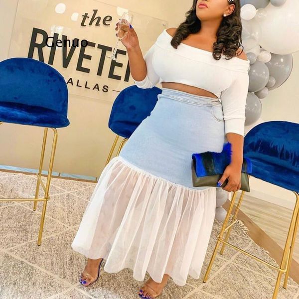 

korean version of the fashion wild denim stitching mesh a word skirt small fresh wash water worn 2021 summer skirts, Black