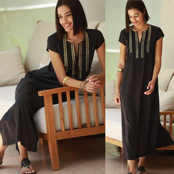 

women's swimwear retro embroidery bikini cover up v-neck short sleeve beach kaftan tunic maxi dress black swim suit wear, White;black
