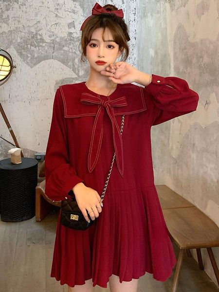 

casual dresses autumn 2021 french vintage red wine dress college style korean version fashionable doll collar a-line for women, Black;gray