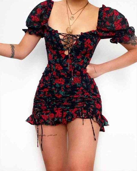 

vintage floral puff sleeve short ruffles dress summer women ladies lace-up front square collar ruched dress, Black;gray