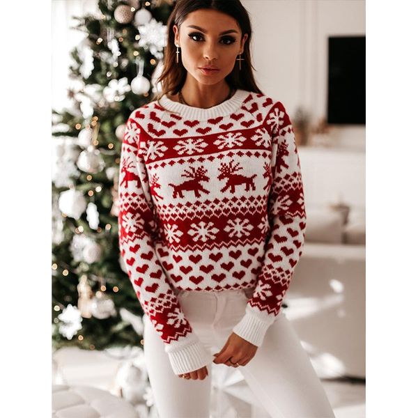 

female christmas sweater winter warm floral print round neck long sleeve knitted for women women's sweaters, White;black