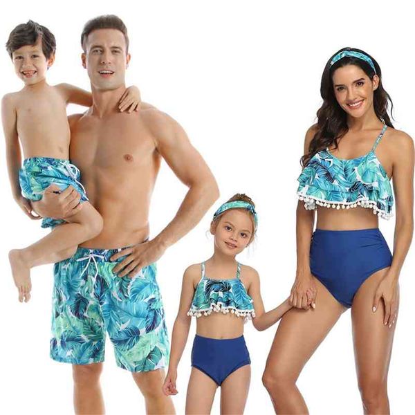 Folha Swimsuit Family Matching Outfits Olhar Mãe Filha Swimwear Mamãe e Me Biquini Vestido Roupas Pai filho Natação Shorts 210417