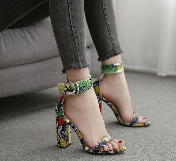 

thick and retro colorful snake pattern with roman sandals women dress shoes, Black