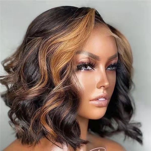 

highlights ombre frontal human hair wigs brown blonde short bob wig for women 13x4 hd lace wigs brazilian body wave 150% density full natura, Black;brown