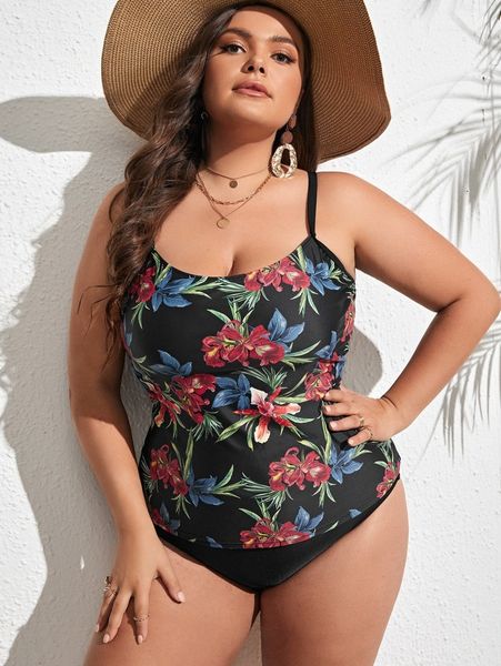 

plus floral print high waisted bikini swimsuit f7ba#, Black