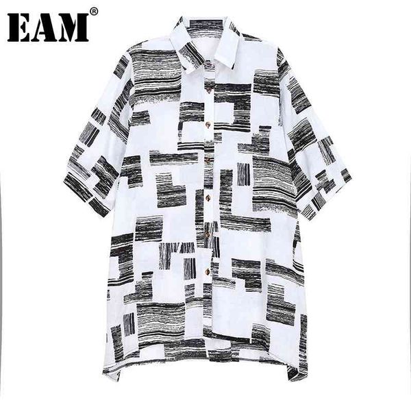 

[eam] women white striped print big size blouse lapel half sleeve loose fit shirt fashion spring summer 1dd7516 210512