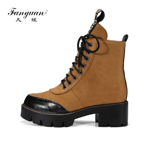 

boots fanyuan mixed colors ankle lace up platform women leisure retro european botas mujer, Black