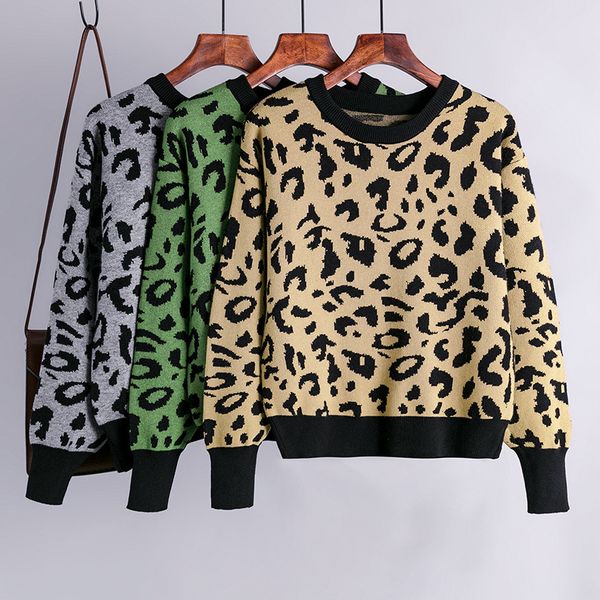 

jumper autumn winter knitted sweaters women korean oversized sweaters female leopard jacquard fashion wool blends pullover 210420, White;black
