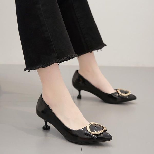 

dress shoes japanned leather ol thin high heels metal round buckle pointy toe shallow woman slip on brief cozy work ladies pumps, Black