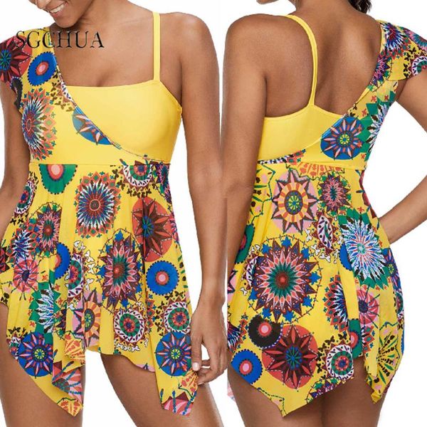 

two-piece suits one shoulder piece swimsuit solid yellow bikini est vintage retro printed swimwear ruffle with skirt bathing suit