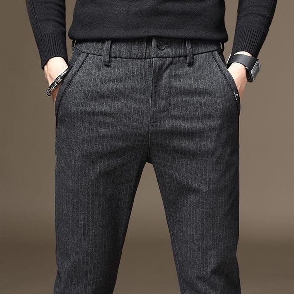 

stretch plaid suit pants for men cotton dress spring summer autumn slim fit trousers office size 38 men's, Black