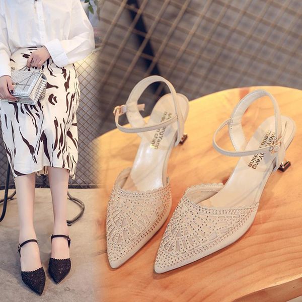 

dress shoes women's sandals fashion casual crystal pointed toe buckle strap high heels zapatos de mujer chaussures femme, Black