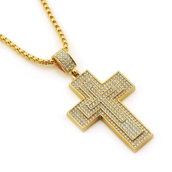 

pendant necklaces hip hop rhinestones paved bling iced out gold 3 layers cross pendants necklace for men rapper jewelry with 30inch rope cha, Silver