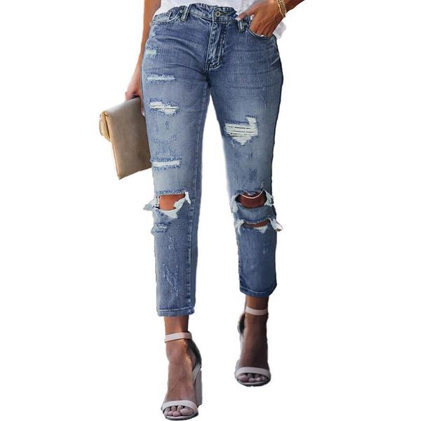 

high waist sky blue fading distressed holes crop slim jeans pantalones vaqueros mujer woman pants pantalon femme spodnie damskie women'