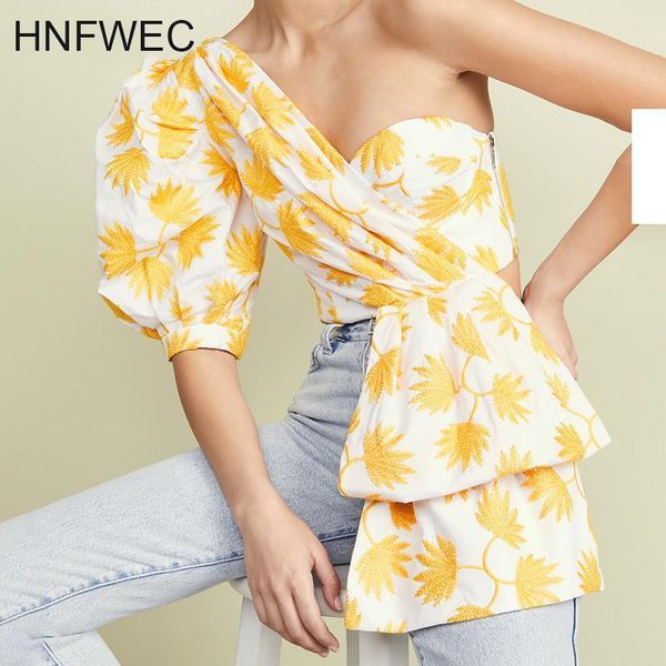 

spring summer one shoulder plaid printed irregular personality shirt women blouse fashion tide a893 women's blouses & shirts, White