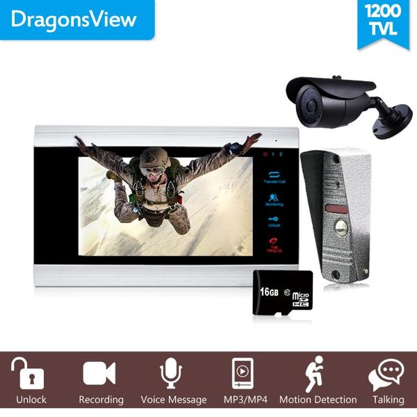 

dragonsview 7" video doorbell doorphone system recording intercom for private home with cctv security camera door entry 1200tvl phones