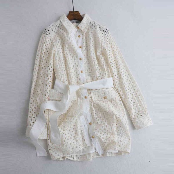 

women's tanks & camis summer women vintage embroidery long sleeve shirt dress hollow solid with belt mini party dresses fema, White