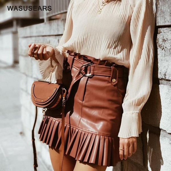 

leather skirt pleated black skirts punk faux with pocket high waist zipper